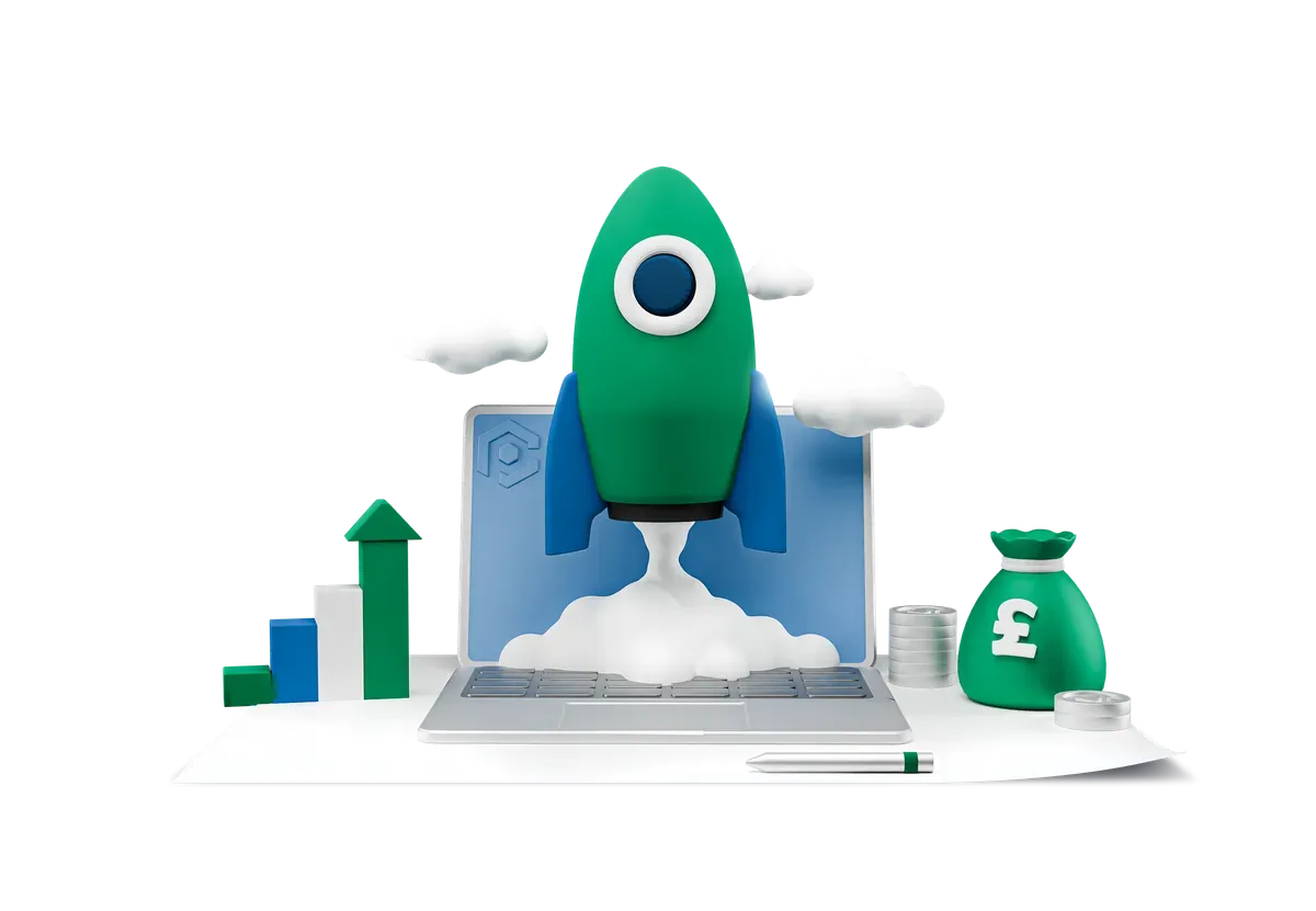 3D laptop with a rocket and a money bag, for WooCommerce