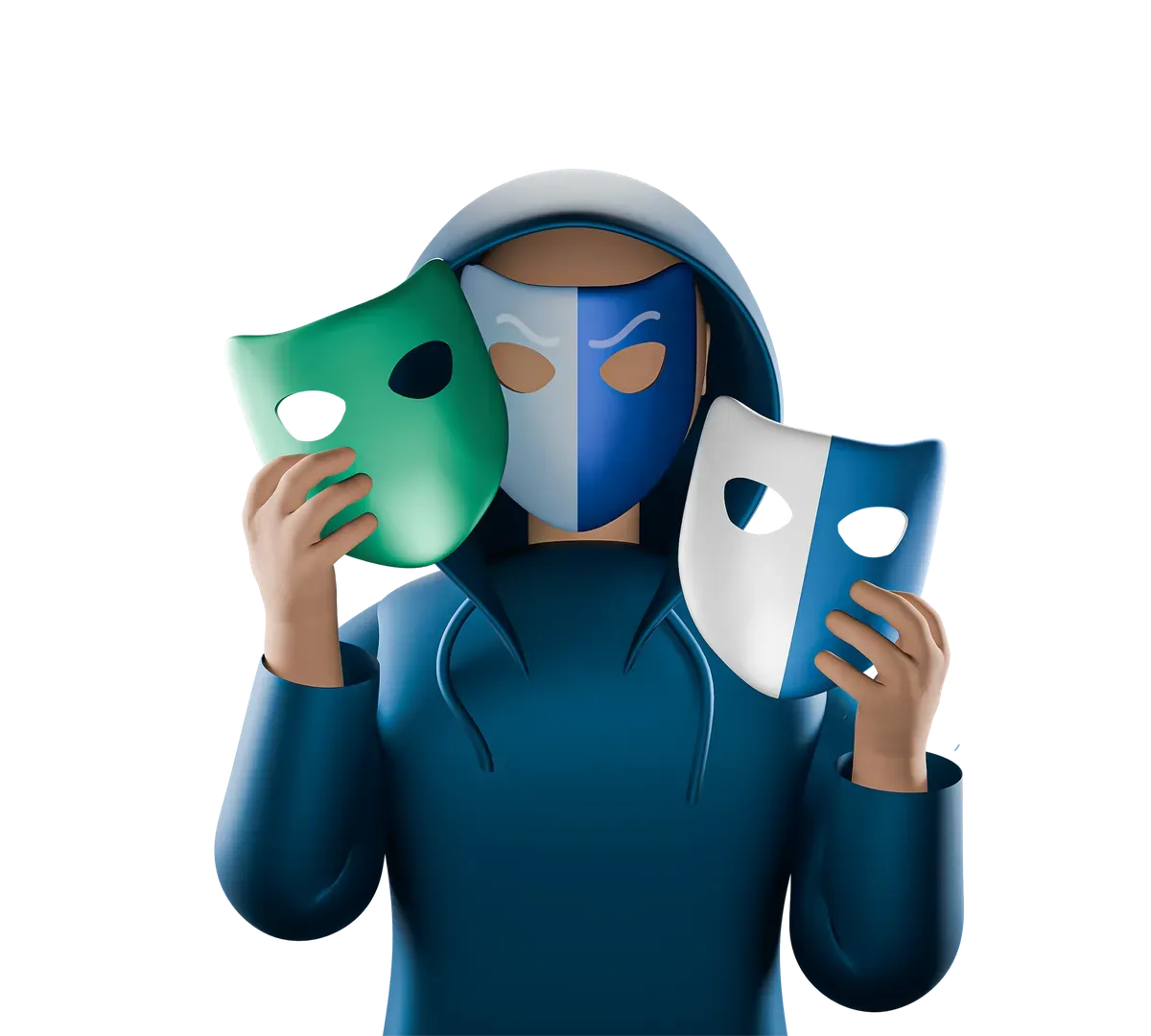 3D hooded figure holding masks, for code that runs but gives different answers