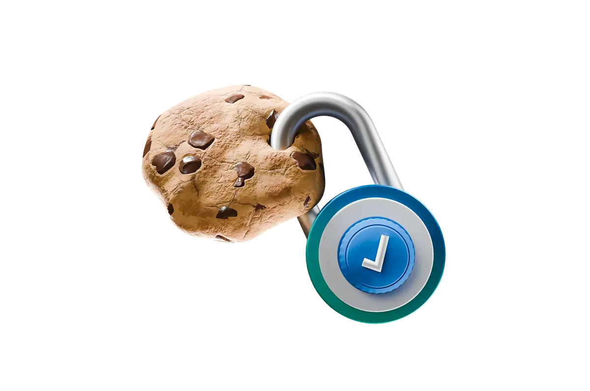3D cookie beside a padlock with a tick, for privacy and cookies