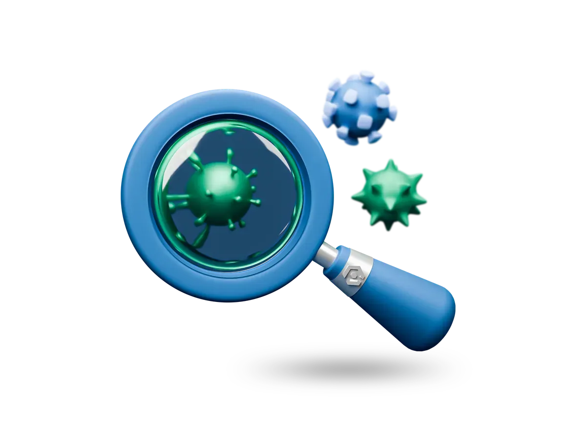 3D magnifying glass over a virus, for finding every exposed PHP server