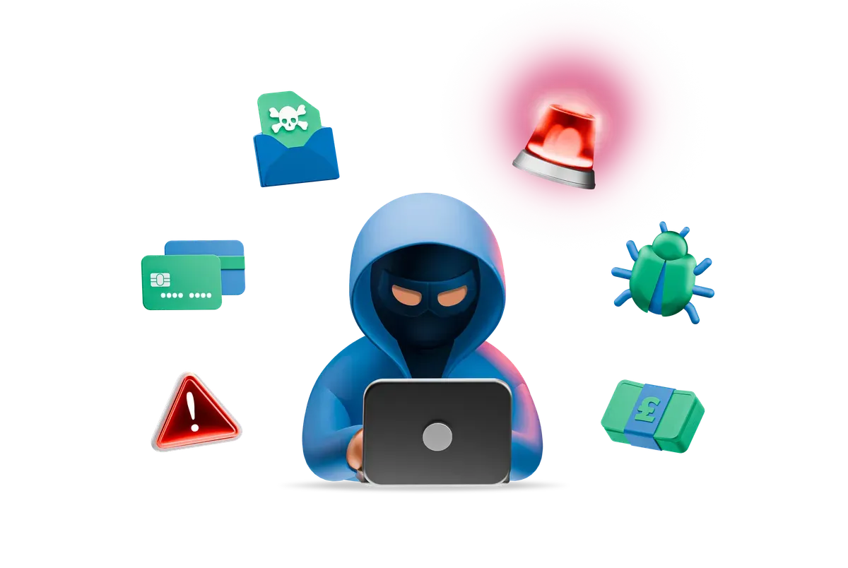 3D attacker at a laptop with alerts, for PHP running inside Apache