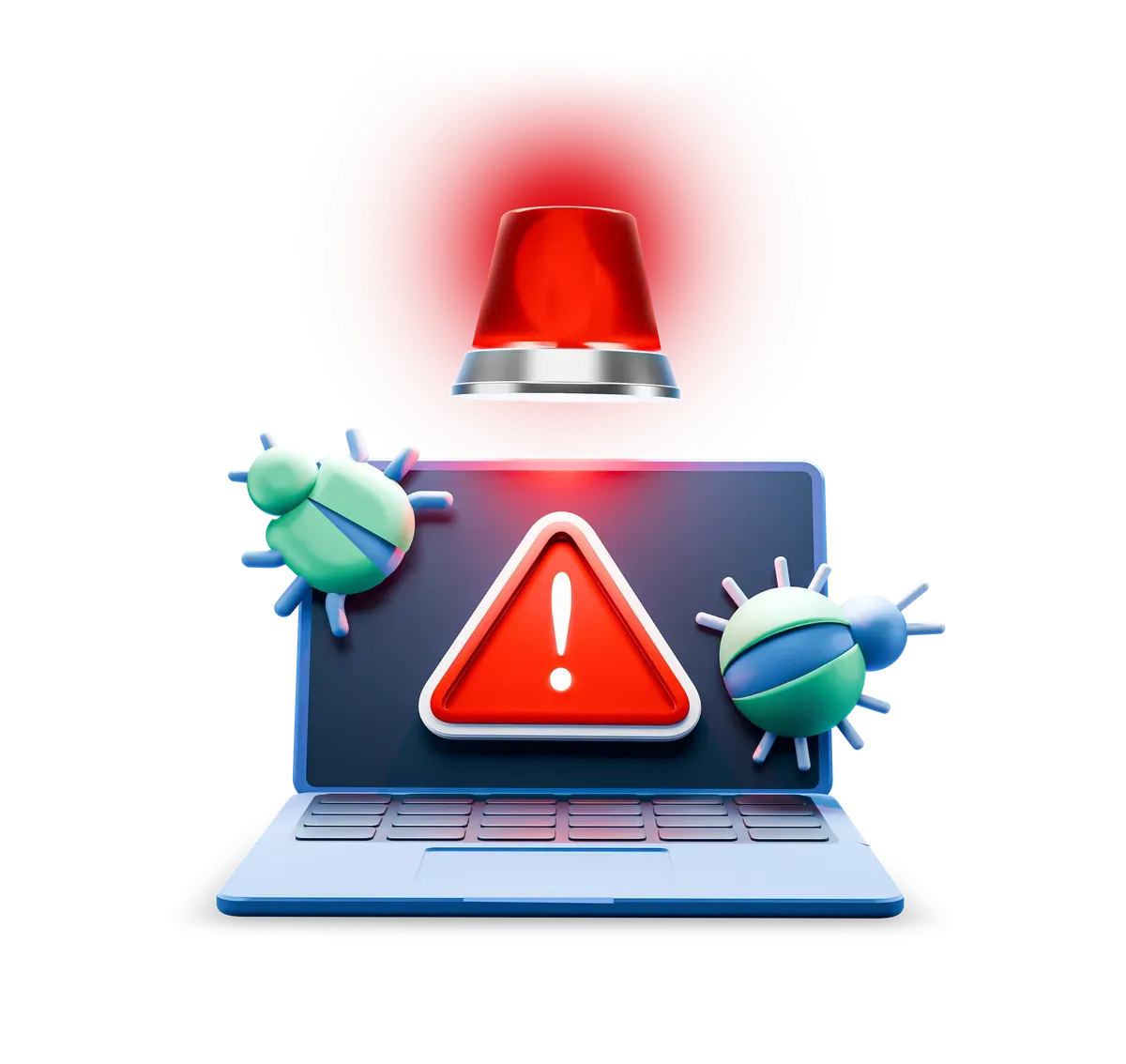 3D laptop with a warning sign and an alarm light, for checking for compromise