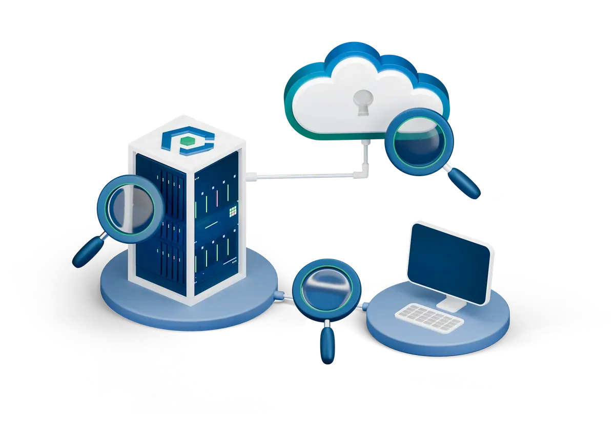 3D servers and laptops under magnifying glasses, for penetration testing